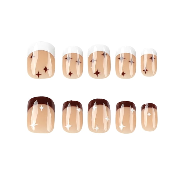 Beige Nude French Tip Star Pattern Two-Tone Press on Nails, Short Squoval Glossy Fake Nails, 24 Count