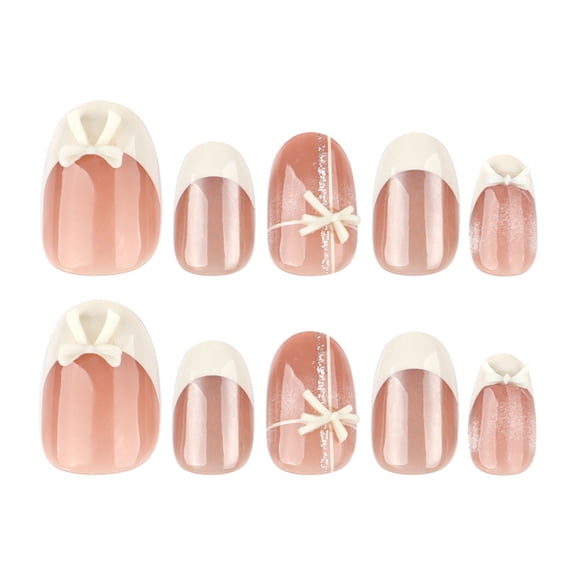 Beige Nude Two-Tone with White Tip, Bow and Glitter Accent Press on Nails, Short Squoval Glossy False Nails with Raised Detail, 20 Count