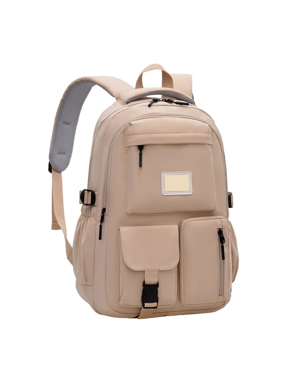 Beige Nylon Backpack 15 Inch Laptop Bag Large Capacity Water Resistant Lightweight Daypack with Multi Pockets for College Students Women Commute Travel Office Work