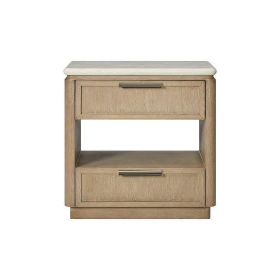 Beige Oak Veneer 2-Drawer Nightstand | Solid Wood & MDF Bedside Table with USB Ports, Stone Top, Cedar-Lined Drawer | 17"W