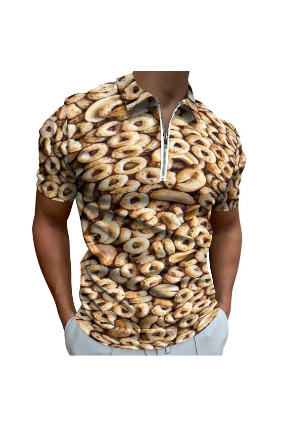 Beige Oat Cereal for A Healthy Cereal Men Zipper T-shirt Summer Casual Short Sleeve T-shirt Top