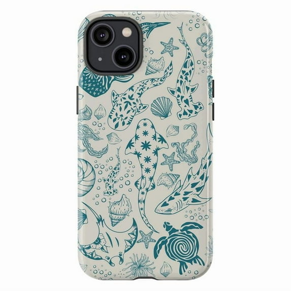 Beige Ocean Life Phone Case, Minimalist Sea Animal Shark Turtle Manta Ray Seashell Coral Aesthetic Protective Cover for iPhone 16 15 14 13 12 11 Pro Max Plus Mini