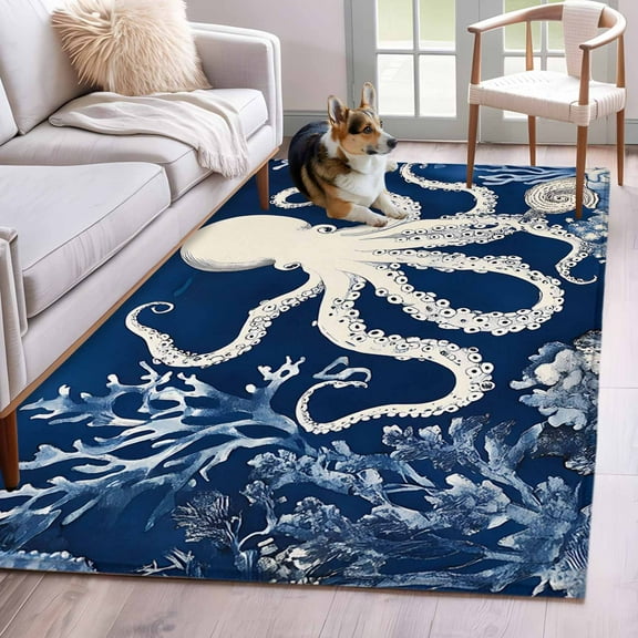 Beige Octopus Coastal Area Rug 4x6 Washable Rug Non Slip Navy Blue Nautical Ocean Coral Large Area Rug Indoor Floor Carpet for Entryway Bedroom Kitchen Living Room Home Office Dining Room Nursery