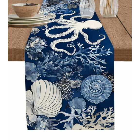 Beige Octopus Coastal Burlap Cotton Table Runner 13x36 Inches Short, Navy Blue Nautical Ocean Coral Farmhouse Table Runners, Outdoor Dining Tablecloths Decor for Baby Shower/Party/Wedding