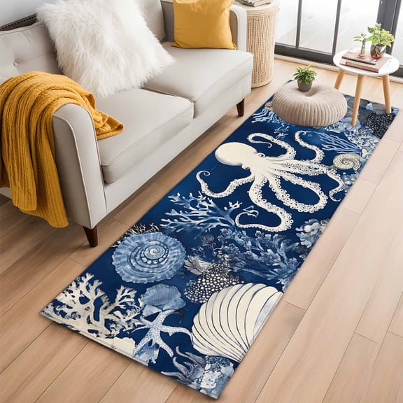 Beige Octopus Coastal Kitchen Runner Rug 2x6 Washable Runners for Hallway Non Slip Navy Blue Nautical Ocean Coral Large Area Rug Indoor Floor Carpet for Bathroom Laundry Entryway Bedroom Living Room