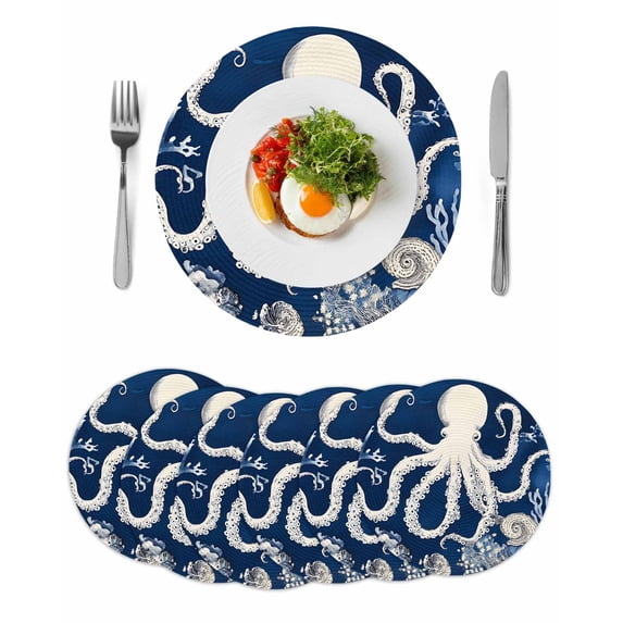 Beige Octopus Coastal Round 15 Inch Placemats Set of 6, Navy Blue Nautical Ocean Coral HeatResistant Non Slip Place Mats for Dining Table, Wipeable Braided Kitchen Table Mats for Housewarming
