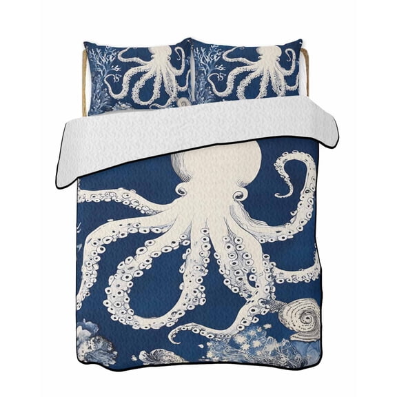 Beige Octopus Coastal Summer Quilt Set Twin Size, Soft Microfiber Quilted Bedding Set with 2 Pillow Shams, Navy Blue Nautical Ocean Coral Lightweight All Season Bedspread Coverlet for Bedroom 68"x86"