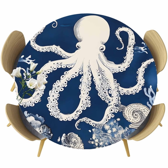 Beige Octopus Coastal Table Cloth, Round Fitted Tablecloths with Elastic Edge, Navy Blue Nautical Ocean Coral Wipeable Waterproof Table Cover for Kitchen Wedding 36-44 Inches