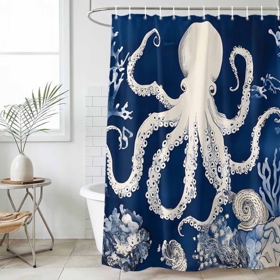 Beige Octopus Coastal Waterproof Fabric Shower Curtain,Navy Blue Nautical Ocean Coral Waterproof Fabric Shower Curtain for Bathroom Curtains Bathtubs Hotel Shower Curtains with 12 Hooks Stall 54x78in