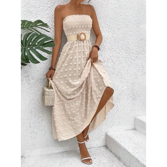 [Beige Off-Shoulder Dress] Lightweight Beige Women's Casual Off-Shoulder Long Dress | Ruffled Hem A-Line Skirt, Relaxed Fit, Machine-Washable for Spring Summer Fall, Beach & Evening Outfit Option