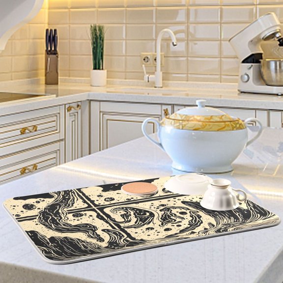 Beige Oilcloth Prints Dish Drying Mats for Kitchen Counter Absorbent Microfiber Coffee Pad