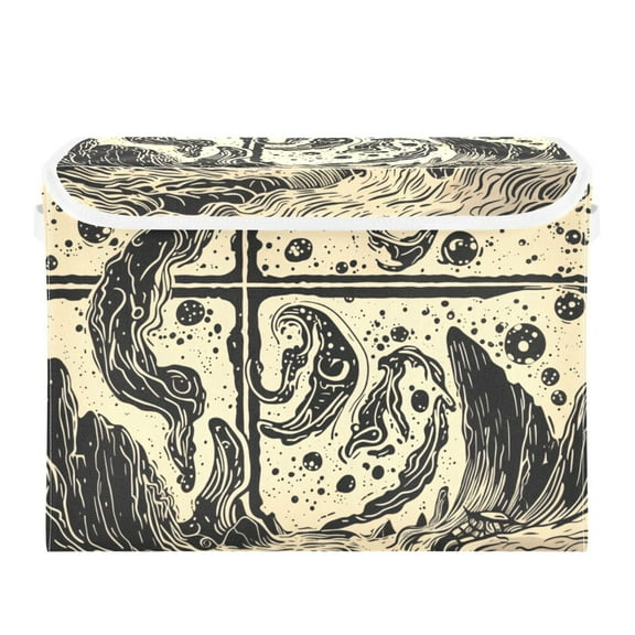 Beige Oilcloth Prints Large Storage Bins with Linen Collapsible Lid Storage Box 16.7 x 12.6 x 11.8in