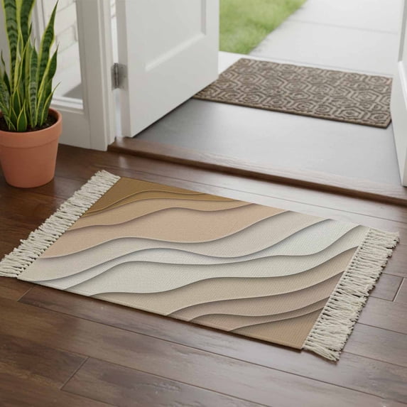 Beige Ombre Bathroom Rug 2'x3', Modern Geometric Abstract Aesthetic Cream Low Profile Front Entryway Rug with Tassels, Woven Cotton Washable Kitchen Mat Carpet for Foyer Bedroom Back Door Decor