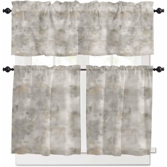 Beige Ombre Kitchen Curtains and Valances Set, Rod Pocket Curtains Tier Farmhouse Window Curtains 24 Inch Length, Modern Retro Oil Painting Abstract Rustic 3 Piece Kitchen Curtains Set