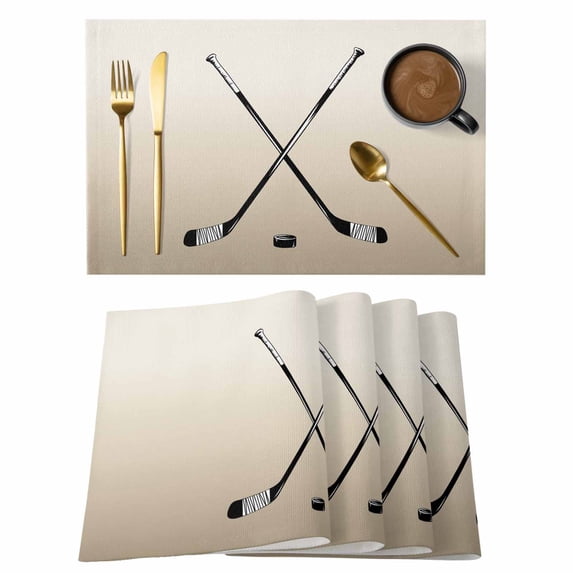 Beige Ombre Placemats Set of 6, Black Hockey Sticks Minimalist Style Placemats for Dining Table, Place Mats for Kitchen Tabletop, Waterproof Wipeable Dining Table Mats Set