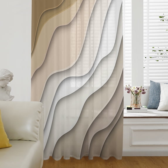 Beige Ombre Semi Sheer Curtains Drapes for Living Room, Bedroom, French Doors Window 45 Inches Long, Modern Geometric Abstract Aesthetic Cream Rod Pocket Chiffon Curtain Drapery Voile Drape Panel