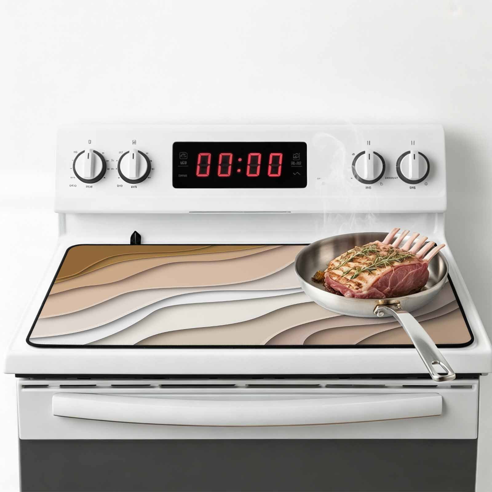 Beige Ombre Stove Top Cover for Electric Stove, Heat-proof & Non Slip Glass Top Stove Cover Protector, Modern Geometric Abstract Aesthetic Cream Kitchen Flat Cooktop Rubber Mat 24x21 Inches
