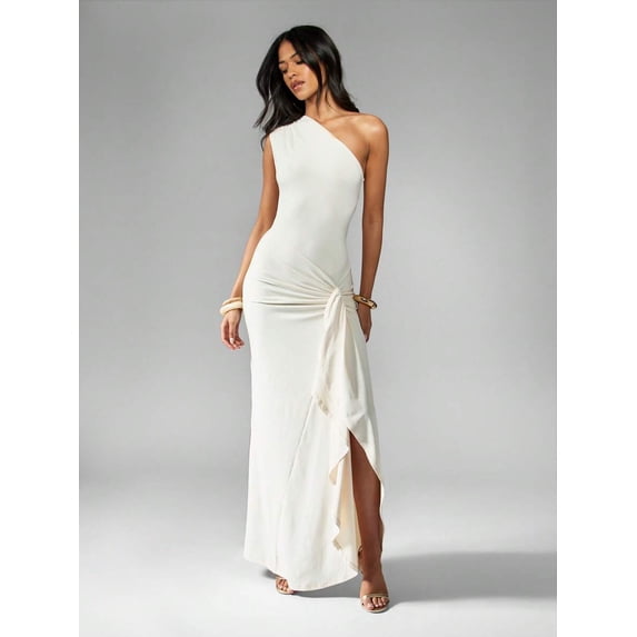 Beige One Shoulder Maxi Gown Elegant Form-Fitting Ruched Side Draped Evening Dress