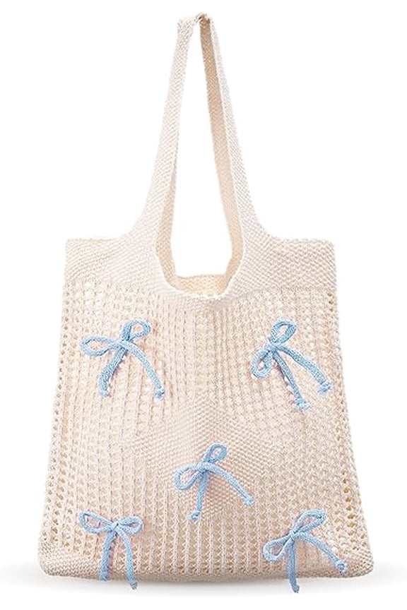 Beige Openwork Knit Shoulder Bag with Blue Bow Accent, Lightweight Women’s Tote for Shopping & Daily Use, Elegant Boho Handbag
