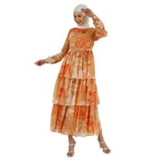 Beige - Orange - Floral - Crew neck - Fully Lined - Modest Dress - Refka