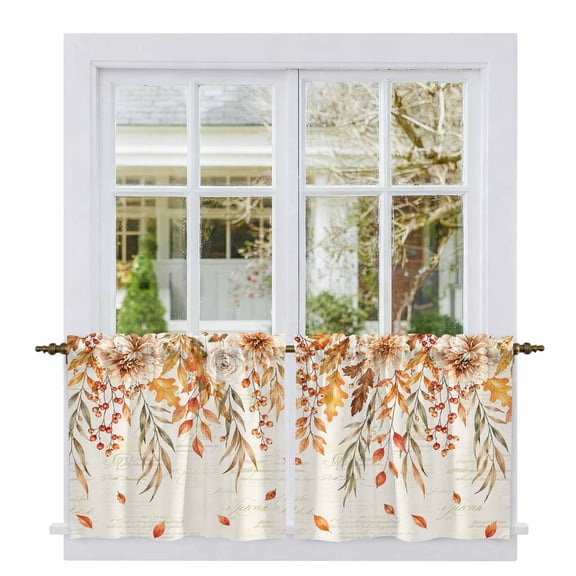 Beige Orange Leaves Fall Kitchen Tier Curtains 24 Inch Length, Thanksgiving Weeping Autumn Floral Light Filtering Cafe Curtains for Bathroom Sink, Small Window Curtain Drapes 2 Panels,27.5"Wx24"L