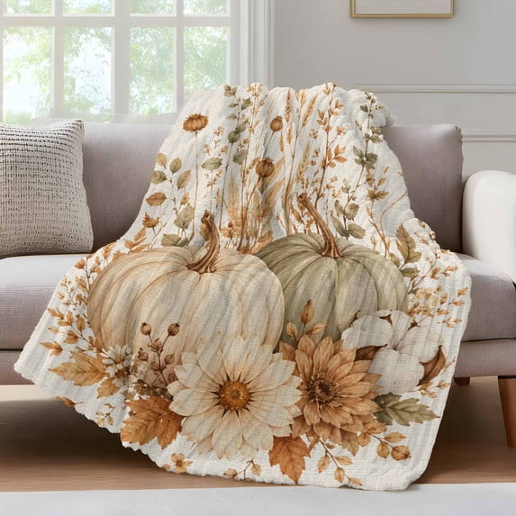 Beige Orange Pumpkins Fall Fleece Throw Blanket for Couch, Thanksgiving Harvest Flowers Microfiber Flannel Blanket for All Season, Lightweight Fuzzy Plush Throw Blankets for Gifts, Office, 40"x50"