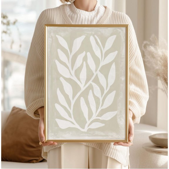 Beige Organic Modern Leaf Wall Art Print, Ivory For Natural, Neutral, Living Room And Bedroom Decor