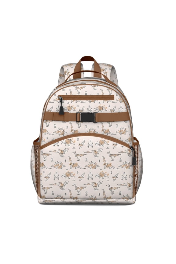 Beige Origami Dinosaurs Geometric Pattern Backpack for School,Cute School Bag,Schoolbag with Adjustable Shoulder Straps & Padded Back,15.25"x11.5"x5.25"