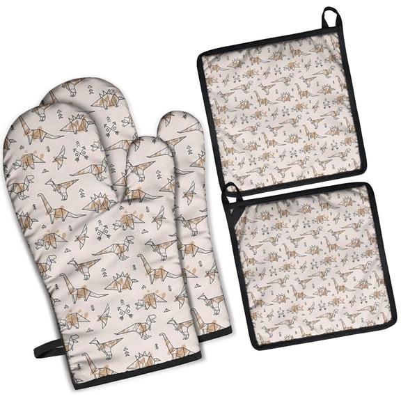Beige Origami Dinosaurs Geometric Pattern Kitchen Oven Mitt and Pot Holder Sets 2 Pcs for Baking, Cooking and Grilling, Heat Resistant Up To 392 °F