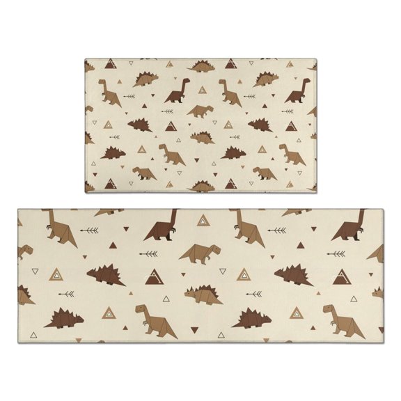 Beige Origami Dinosaurs Pattern Kitchen Rugs Sets Of 2,Anti Fatigue Kitchen Mat Rugs Non Slip Washable,Decorative Kitchen Floor Mats for Kitchen,Sink,Laundry,17"x30"+17"x47"