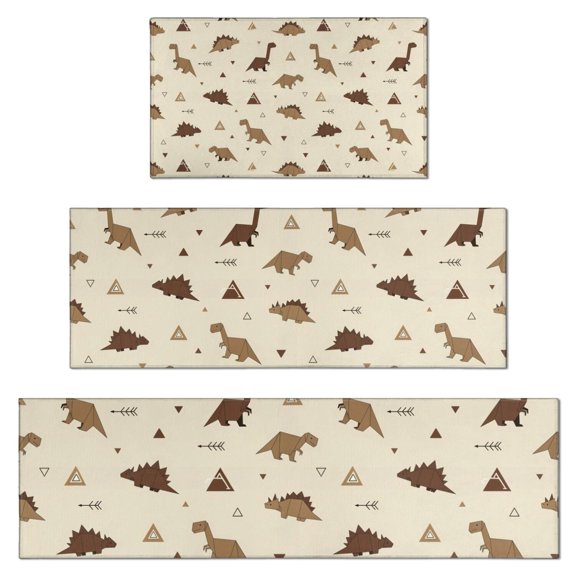 Beige Origami Dinosaurs Pattern Kitchen Rugs Sets Of 3,Kitchen Runner Rugs Non Skid Washable,Decorative Kitchen Floor Mats for Kitchen,Sink,Laundry,17"x30"+ 17"x47" + 17"x59"