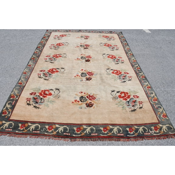 Beige Oushak Rug, Turkish Rug, 6.5x9.5 ft Large Rug, Vintage Rug, Anatolian Rugs, Rugs For Bedroom, Office Living Room Rug