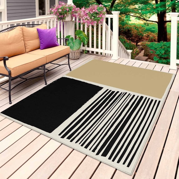 Beige Outdoor Rug 5x8 Ft, Non Slip Washable Area Rug, Modern Abstract Art Farmhouse Striped Patio Rugs Carpet Runner, Large Floor Mat for Indoor/Outdoor Deck Porch Camping