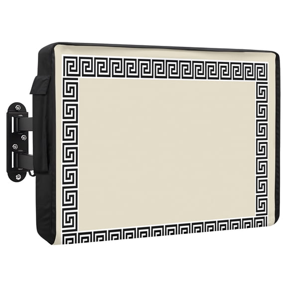Beige Outdoor TV Cover 52 to 55 Inch Greek Chinese Style Border Geometric Weatherproof and Waterproof TV Cover Heavy Duty Outside Flat TV Screen Protector with Remote Control Pocket