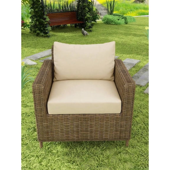 Beige Outdoor Wicker Chair Cushion Set, Removable Washable Cover, All-Season Patio Furniture Accessory