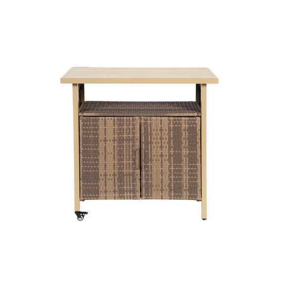 Beige Outdoor Wicker Rolling Bar Cart with Glass Top, Patio Wine & Beverage Serving Cart on Wheels for Poolside, Backyard & Garden Party