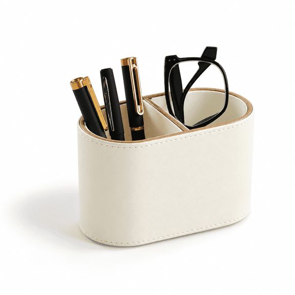 Beige Oval Dual-Slot Desk Pen Holder for Remote Controls and Office Supplies