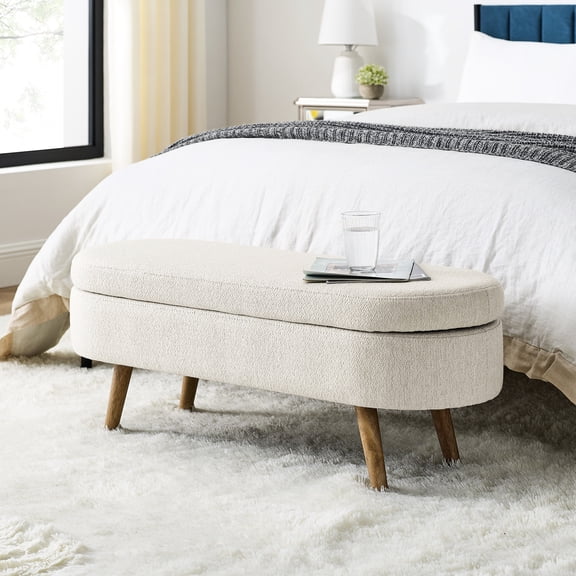 Beige Oval Storage Bench With Robust Rubber Wood Legs - Ideal For Home Organization Handmade Linen In Supported By
