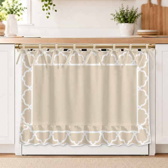 Beige Oven Skirt Curtain for Kitchen Decor 32 x 24 Inch Geometric Morocco Printed Border Modern Rustic Ivory Ruffle Oven Door Cover with Ties, Decorative Oven Skirt for Dishwasher, Stove, Cabinet