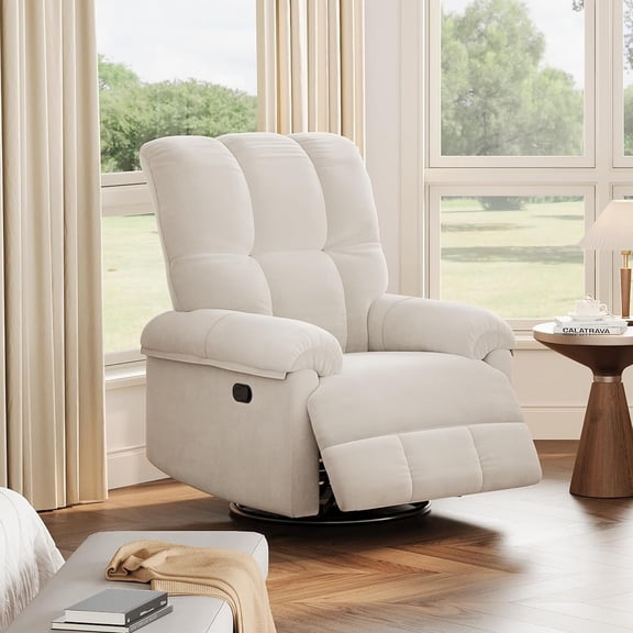 Beige Oversized Chenille Swivel Rocker Recliner – 270° Rotating, Overstuffed Rocking Recliner Chair with Padded Armrests for Living Room, Nursery (350 lbs Capacity)