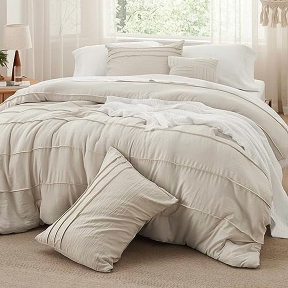 Beige Oversized Queen Comforter Set - 4 Pieces Pinch Pleat Bed Set, Down Alternative Bedding Sets for All Season, 1 Comforter, 2 Pillowcases, 1 Decorative Pillow