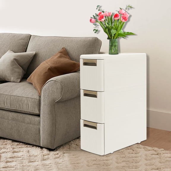 Beige PP 45x18x60cm Three-Layer Storage Cabinet Wheeled Narrow Storage Car Mobile Rack