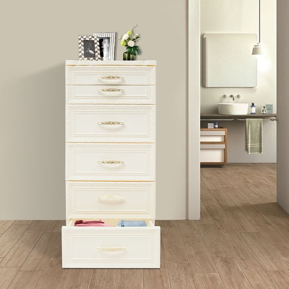 Beige PP 84x38x32cm 5-Story Lockers With Wheels And Large-Capacity Embossed Drawers Storage Cabinets