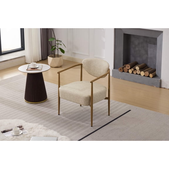 Beige PU Leather Dining/Living/Bedroom Chair - Foam Padded Seat & Back Metal Frame with Wood Grain Water Transfer Printing