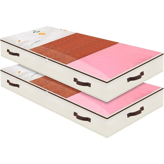 Beige Pack of 2, Large Capacity Underbed Storage Bags Organizer, Collapsible Underbed Storage Bags for Bedroom Wardrobe, Washable with Clear Window and Reinforced Handles
