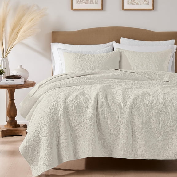 Beige Paisley Cotton Quilt Queen Size Bedding Sets With 2 Pillow Shams Boho Floral Lightweight Farmhouse Country Vintage Soft Bedspread Shabby Chic Coverlet For All Season 3 Pieces