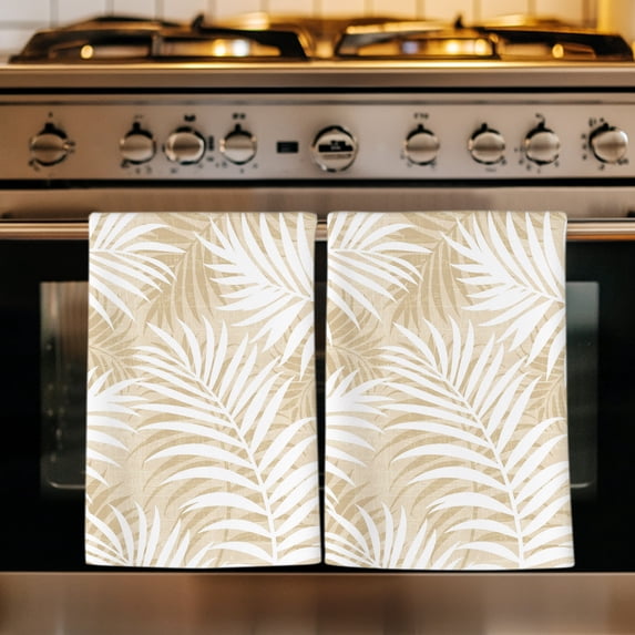 Beige Palm Leaf Kitchen Towels Set of 4, Summer Coastal Botanical Tropical Absorbent Dish Towels for Kitchen, Microfiber Hand Towel, Quick Drying Tea Towel for Cleaning Decorative Dishcloths