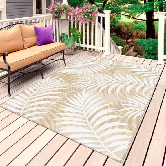 Beige Palm Leaf Outdoor Rug for Patio/Deck/Porch, Non-Slip Large Area Rug 6 x 9 Ft, Summer Coastal Botanical Tropical Indoor Outdoor Rugs Washable Area Rugs, Reversible Camping Rug Carpet Runner