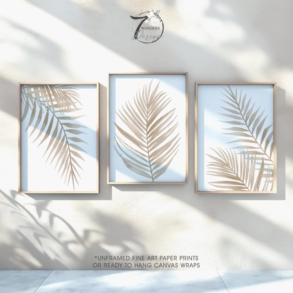 Beige Palm Leaf Prints Set Of 3, Neutral Botanical Wall Art
