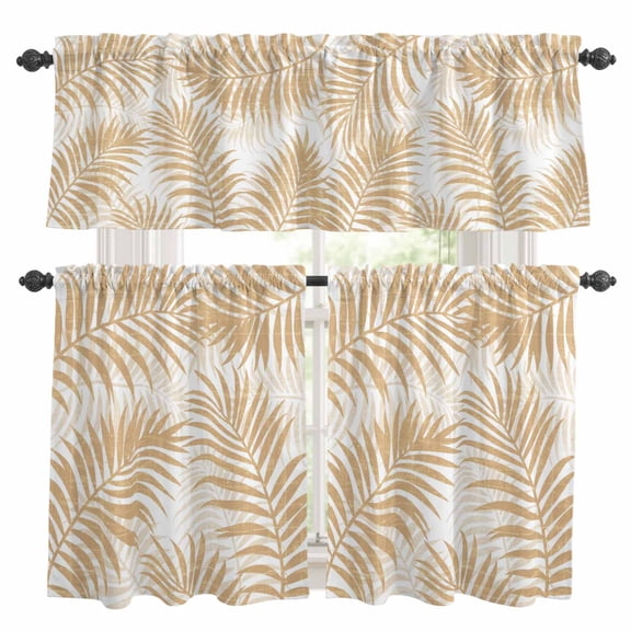 Beige Palm Leaves Kitchen Curtains Valance and Tier Set Summer Botanical Tropical Plant Rustic Rod Pocket Short Curtains for Small Window 3 Pieces Set for Bedroom Bathroom Cafe (54" x 18"+27" x 36")